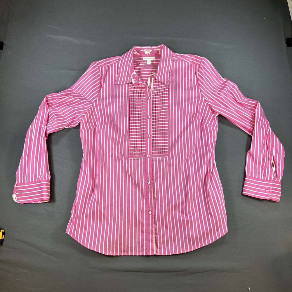 Charter Club Pink White Striped Pleated Bib Button Down Shirt Size 16